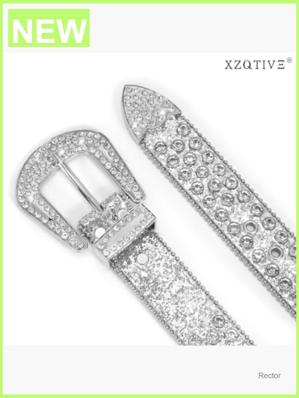 Western Studded Leather Belt with Rhinestone Buckle, Adjustable 33-37 In - Picture 2 of 7